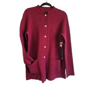 🆕️ NWT Tahari Womens Burgundy Mock Neck Longline Cardigan Gold Crest Buttons Lg